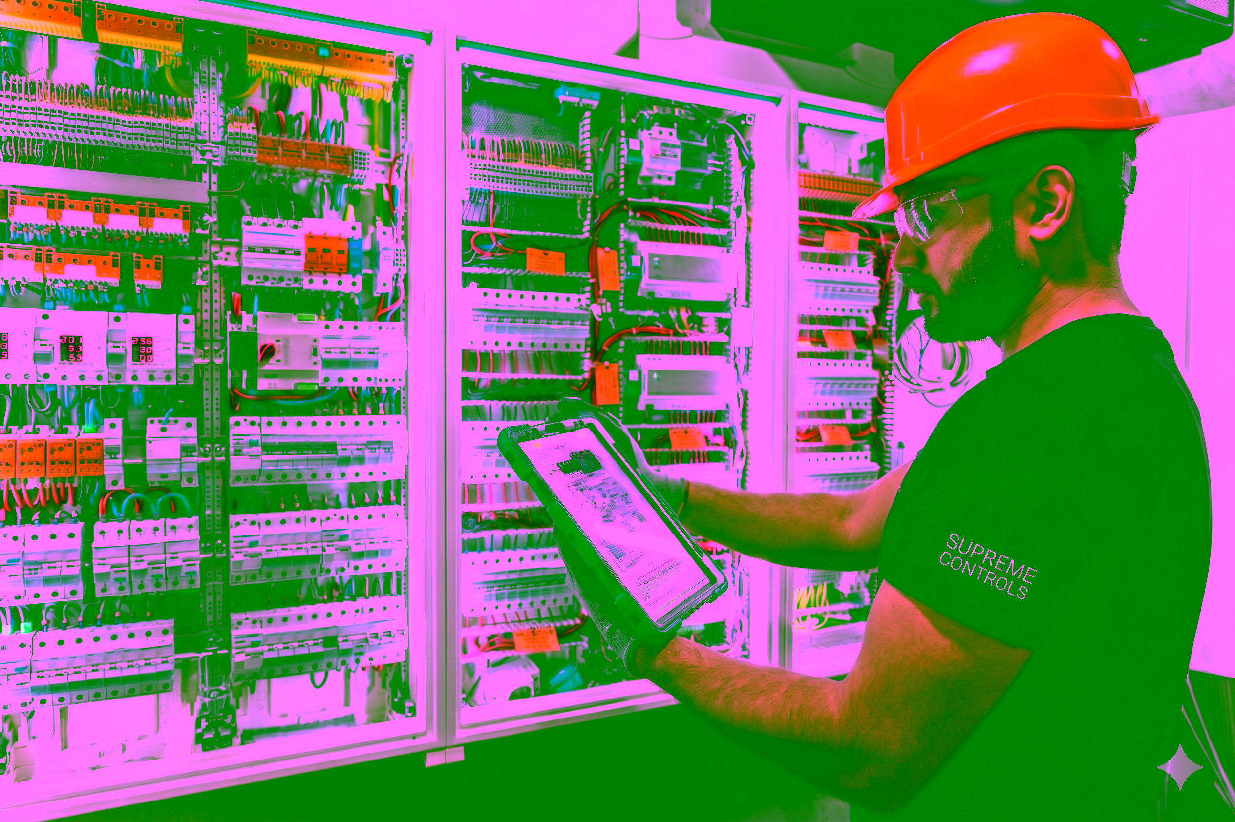 Industrial automation control room with operators